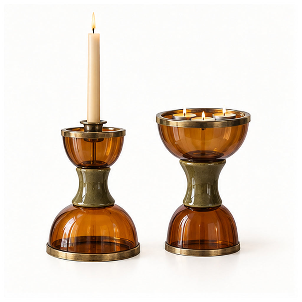 Bougeoir Sablier Double — Bougeoir réversible en verre ambré