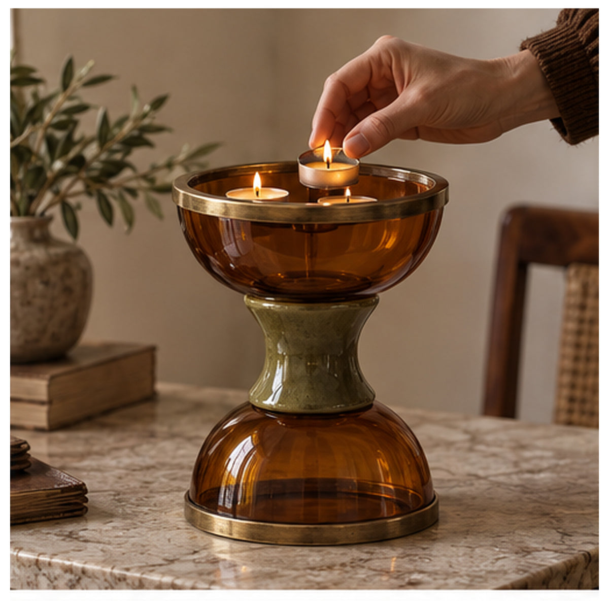 Bougeoir Sablier Double — Bougeoir réversible en verre ambré