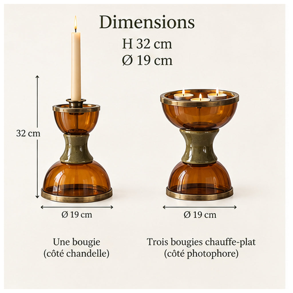 Bougeoir Sablier Double — Bougeoir réversible en verre ambré