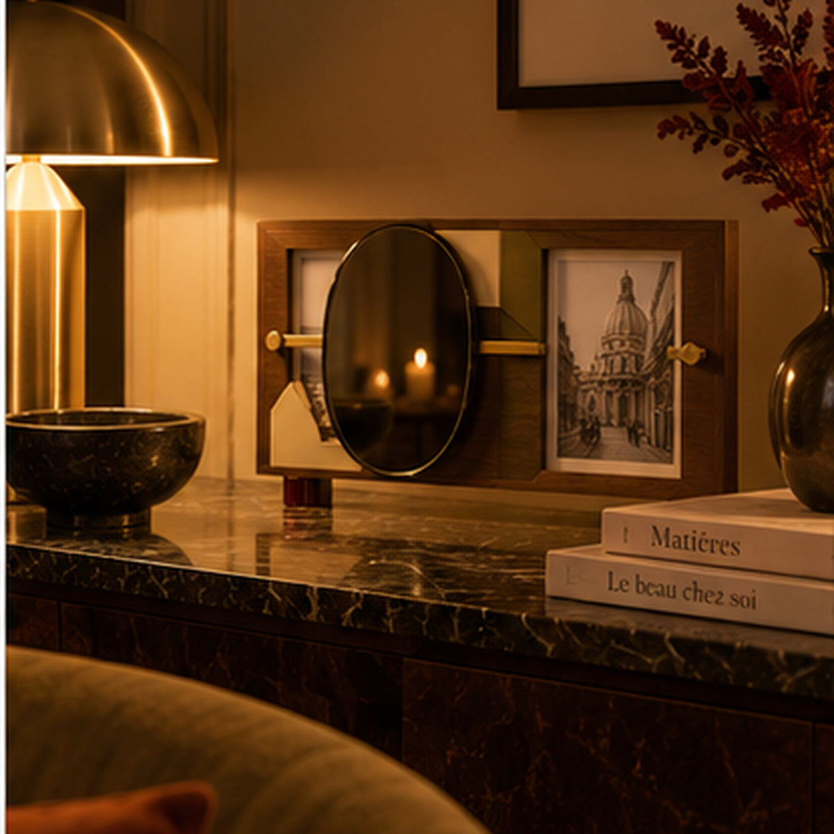 Cadre Miroir Décalé — Cadre double avec miroir fumé coulissant