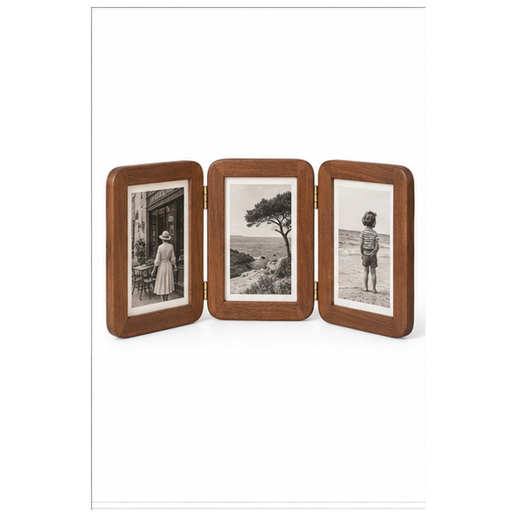 Cadre Paravent Mémoire — Triptyque pliant en noyer pour trois photos