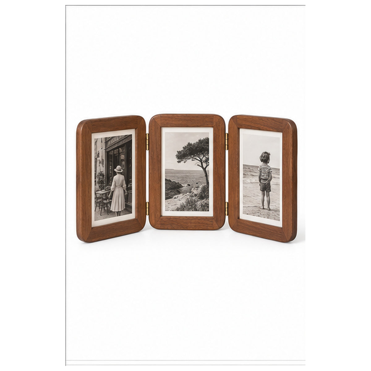 Cadre Paravent Mémoire — Triptyque pliant en noyer pour trois photos