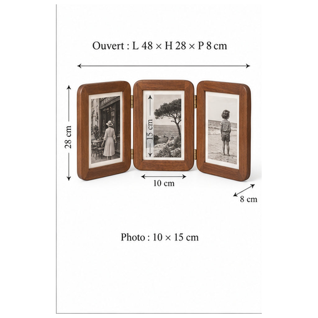 Cadre Paravent Mémoire — Triptyque pliant en noyer pour trois photos