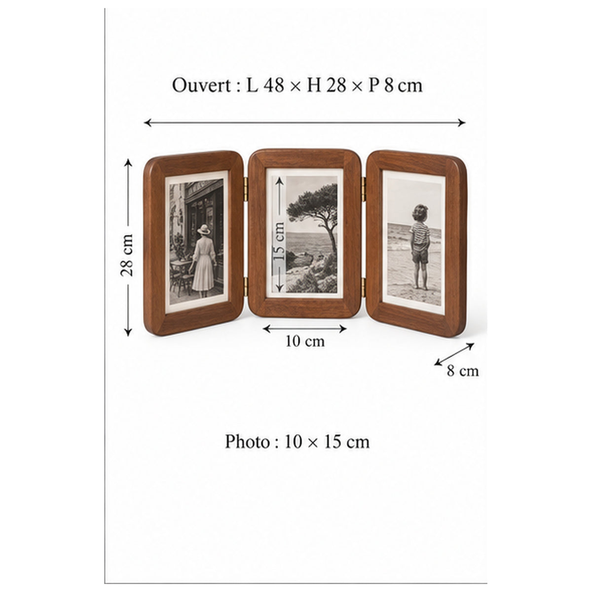 Cadre Paravent Mémoire — Triptyque pliant en noyer pour trois photos