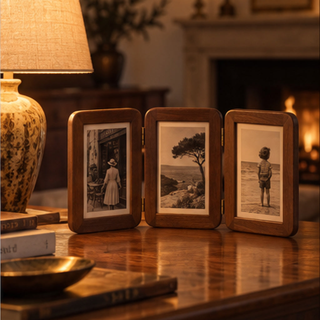Cadre Paravent Mémoire — Triptyque pliant en noyer pour trois photos