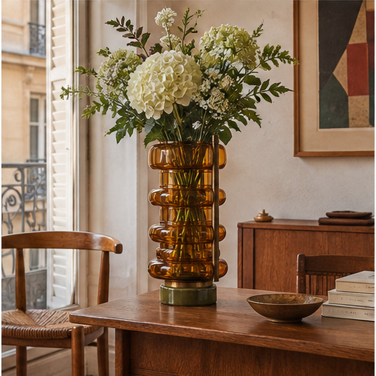 Vase Accordéon Ambre — Vase modulable en verre fumé et laiton patiné