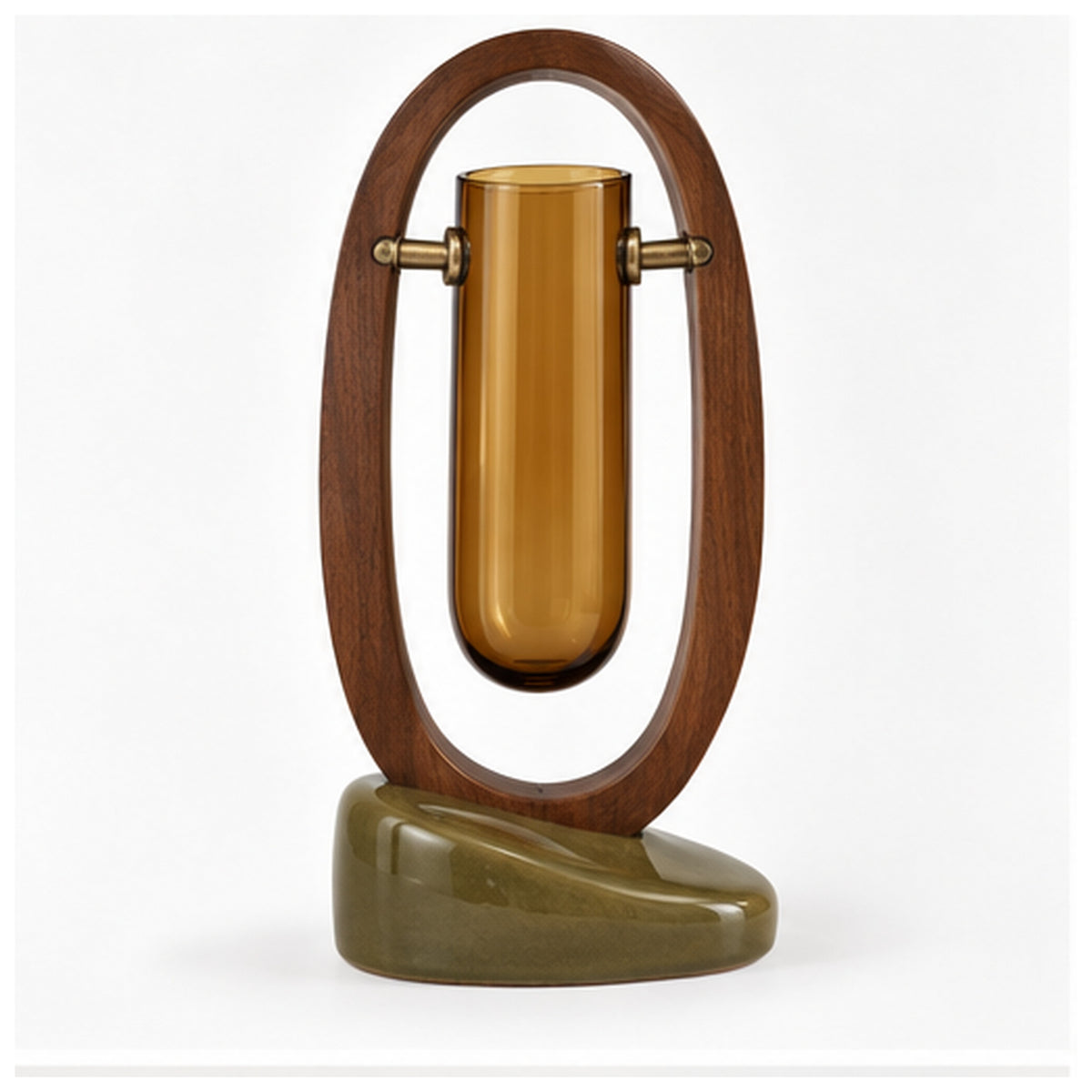 Vase Capsule Suspendue — Soliflore inclinable en verre ambré et noyer