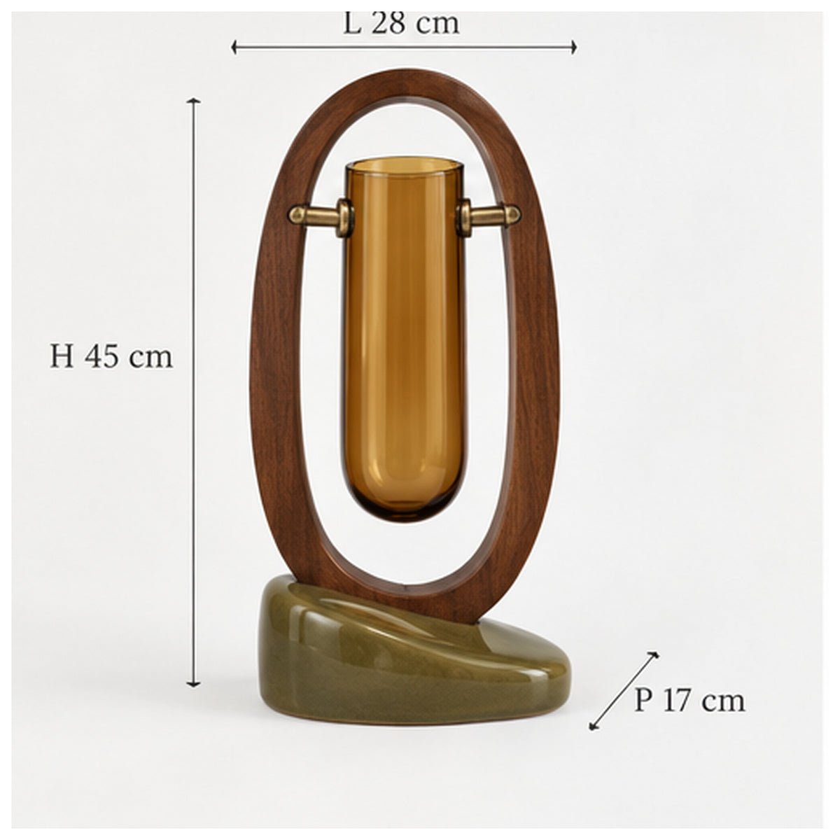 Vase Capsule Suspendue — Soliflore inclinable en verre ambré et noyer