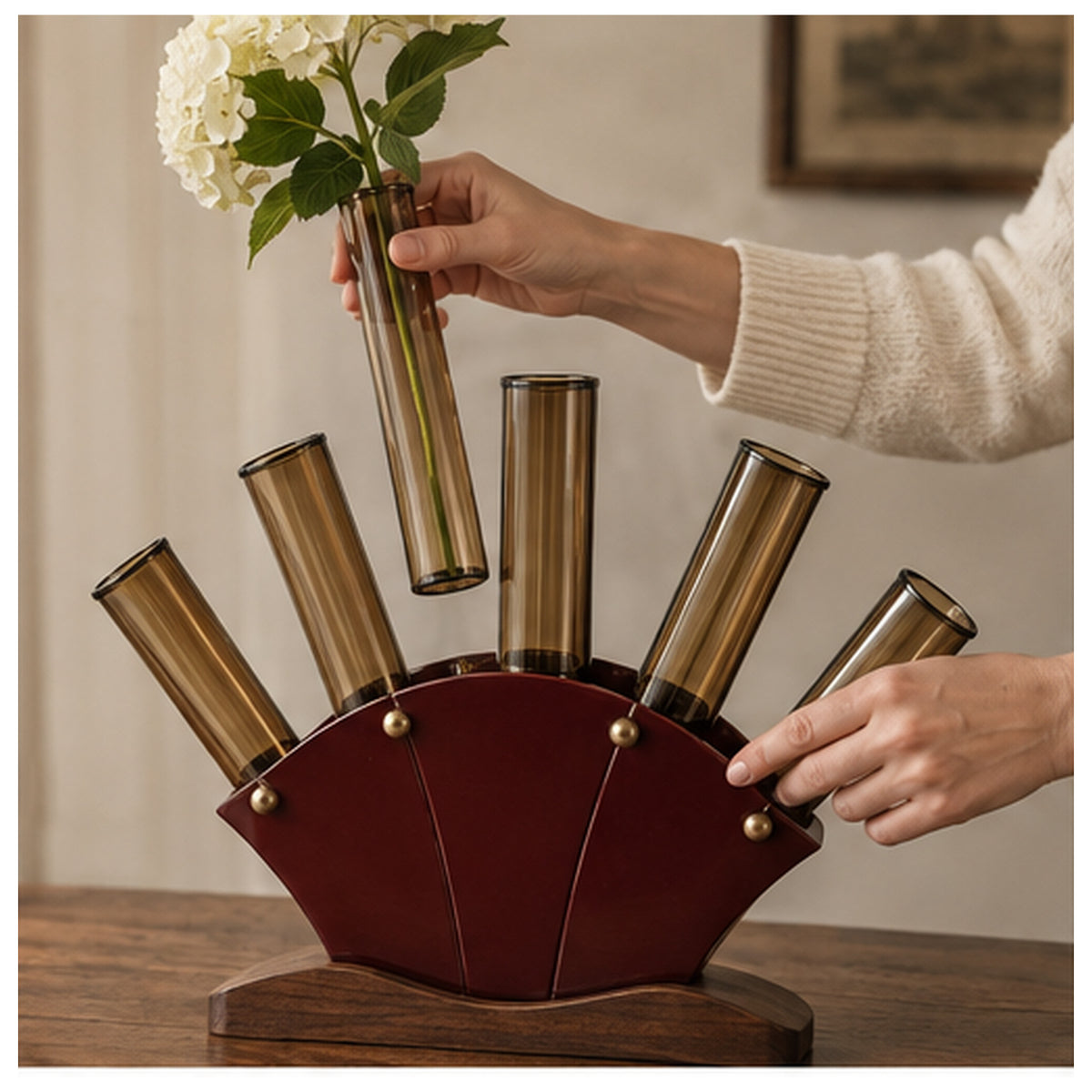 Vase Éventail Cinq Tiges — Soliflore panoramique en verre ambré