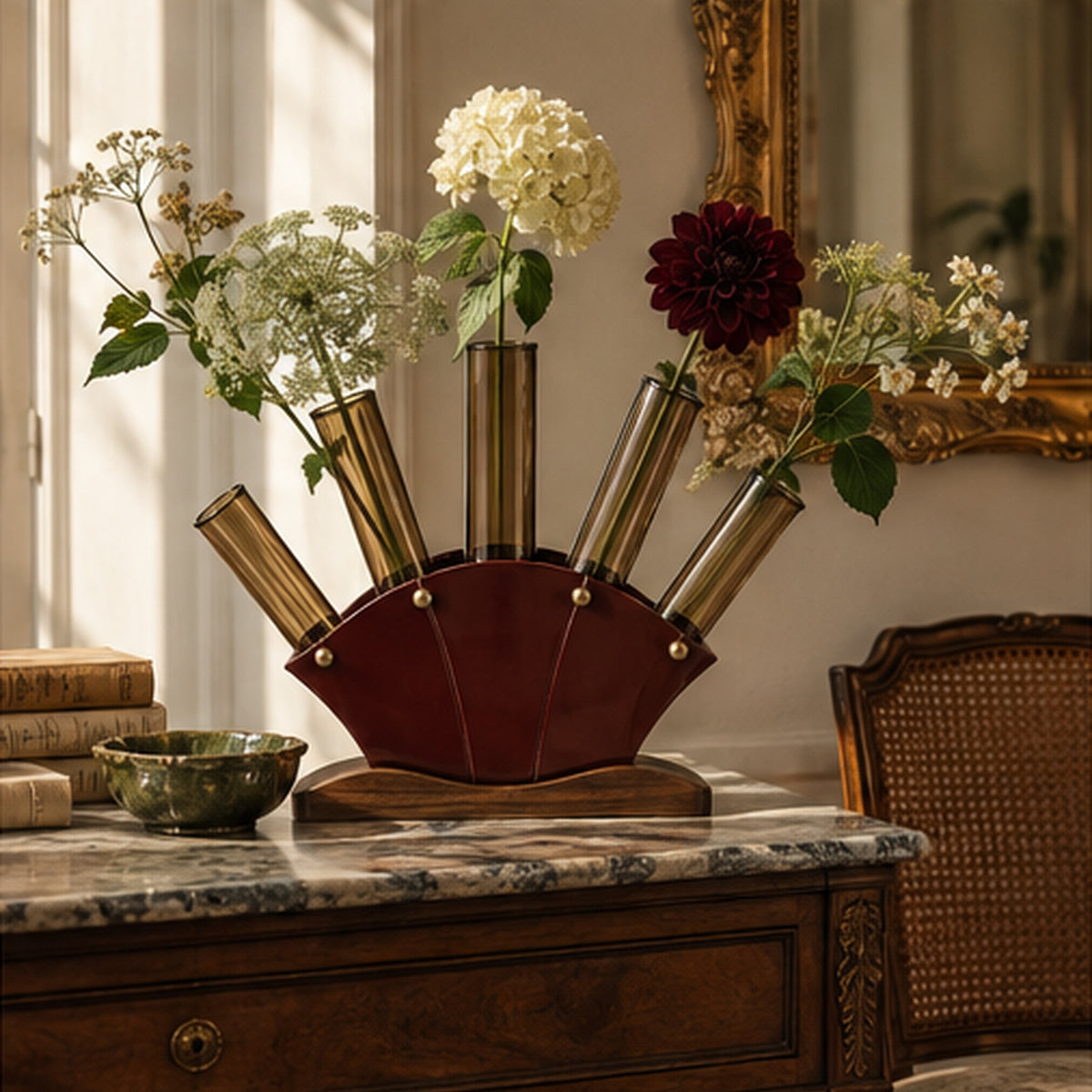 Vase Éventail Cinq Tiges — Soliflore panoramique en verre ambré