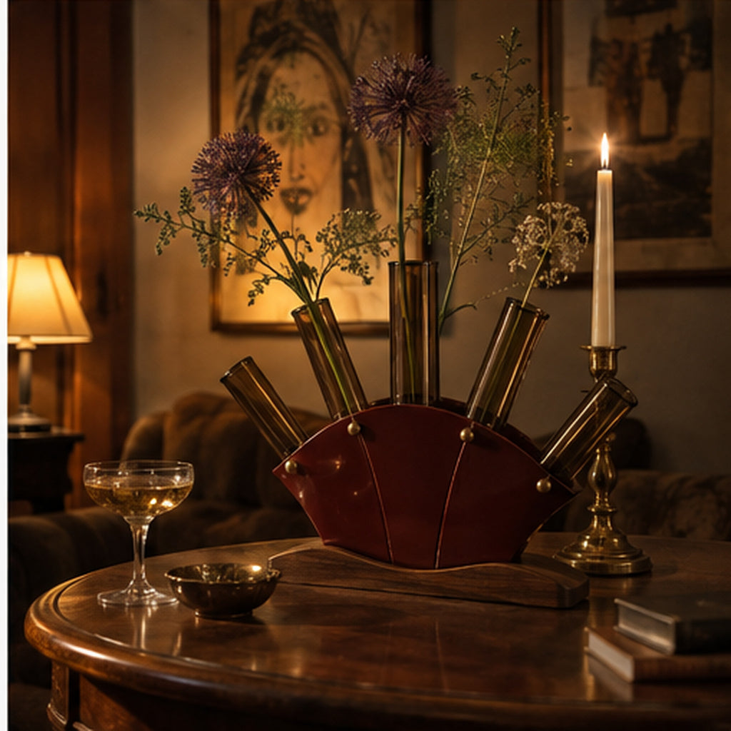 Vase Éventail Cinq Tiges — Soliflore panoramique en verre ambré