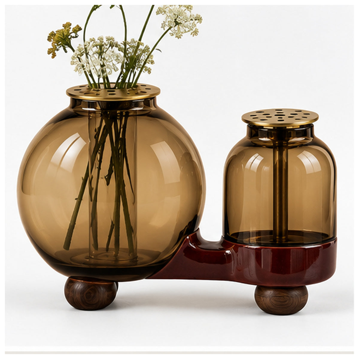Vase Siphon Duo — Double vase communicant en verre ambré et céramique