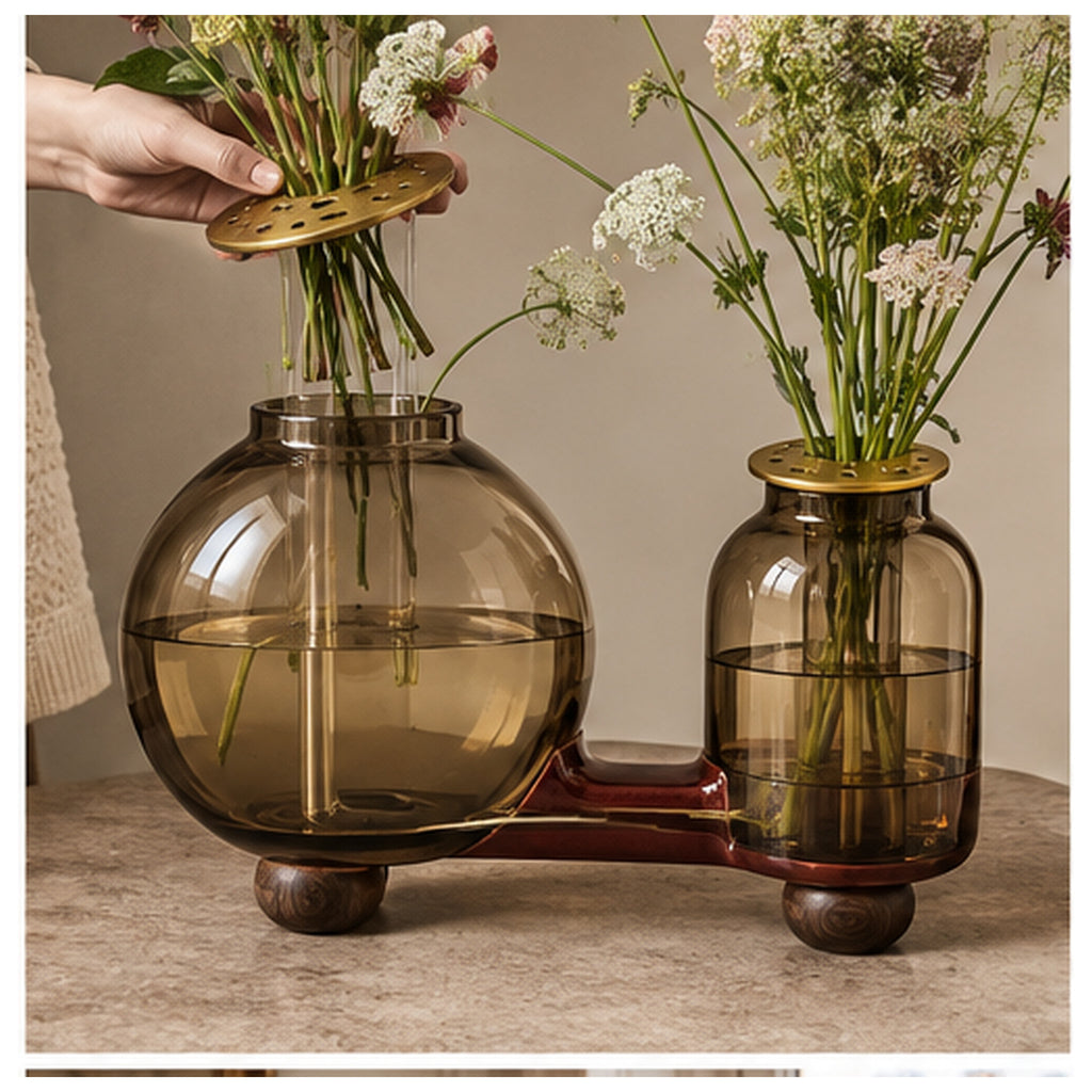 Vase Siphon Duo — Double vase communicant en verre ambré et céramique