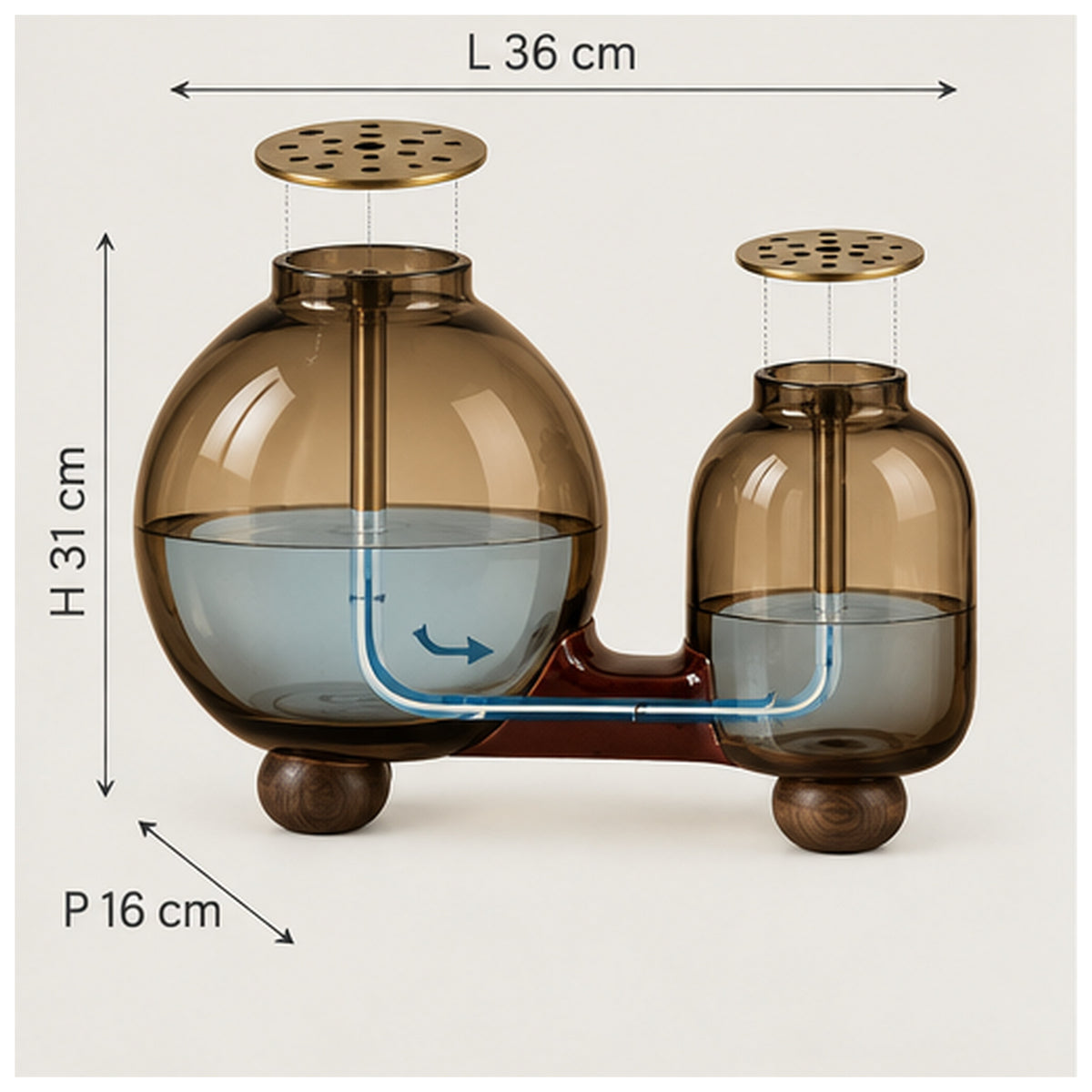 Vase Siphon Duo — Double vase communicant en verre ambré et céramique