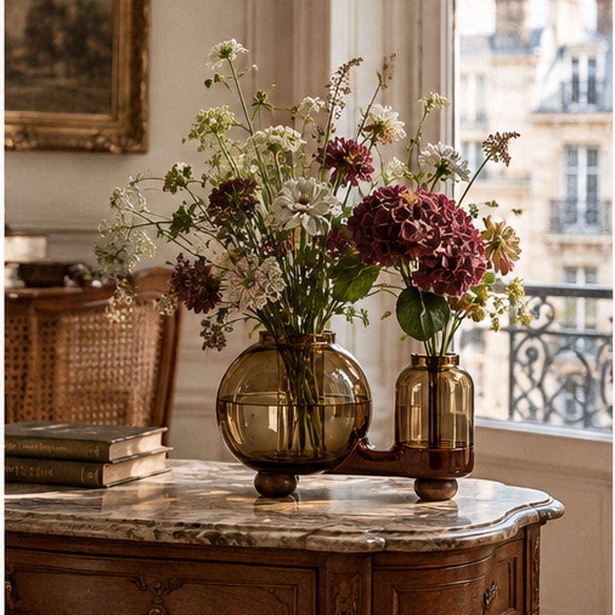 Vase Siphon Duo — Double vase communicant en verre ambré et céramique